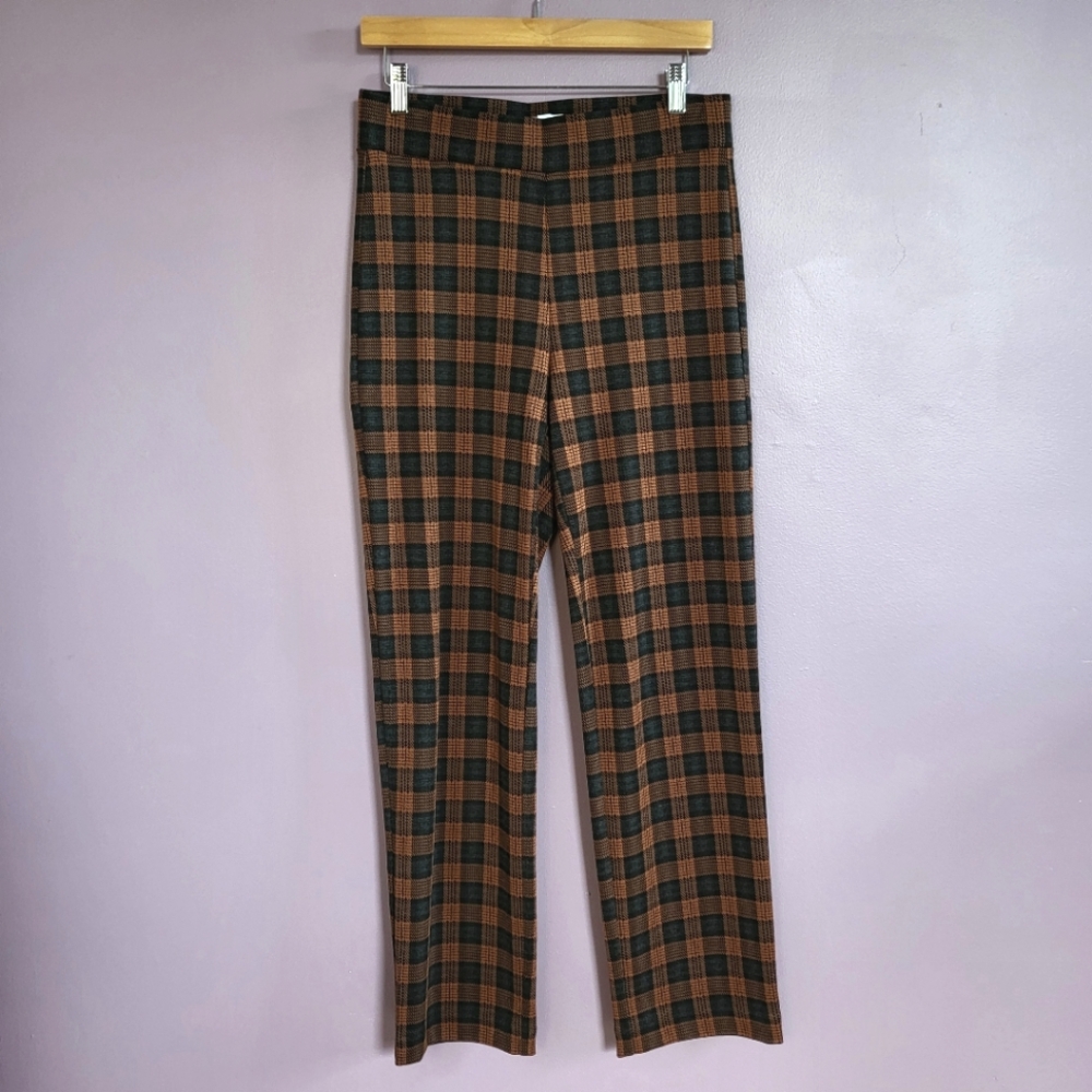 NWT LOFT Outlet Rust Brown & Black Plaid High Rise Straight Leg Ponte Knit Pants